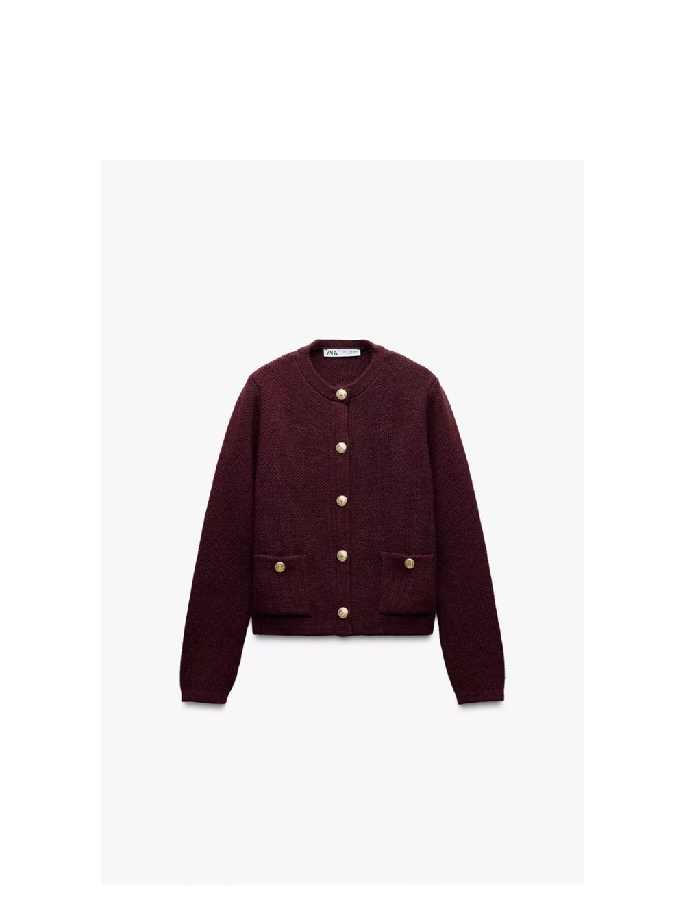 Zara Textured Crewneck Cardigan in Burgundy with Gold Buttons XL